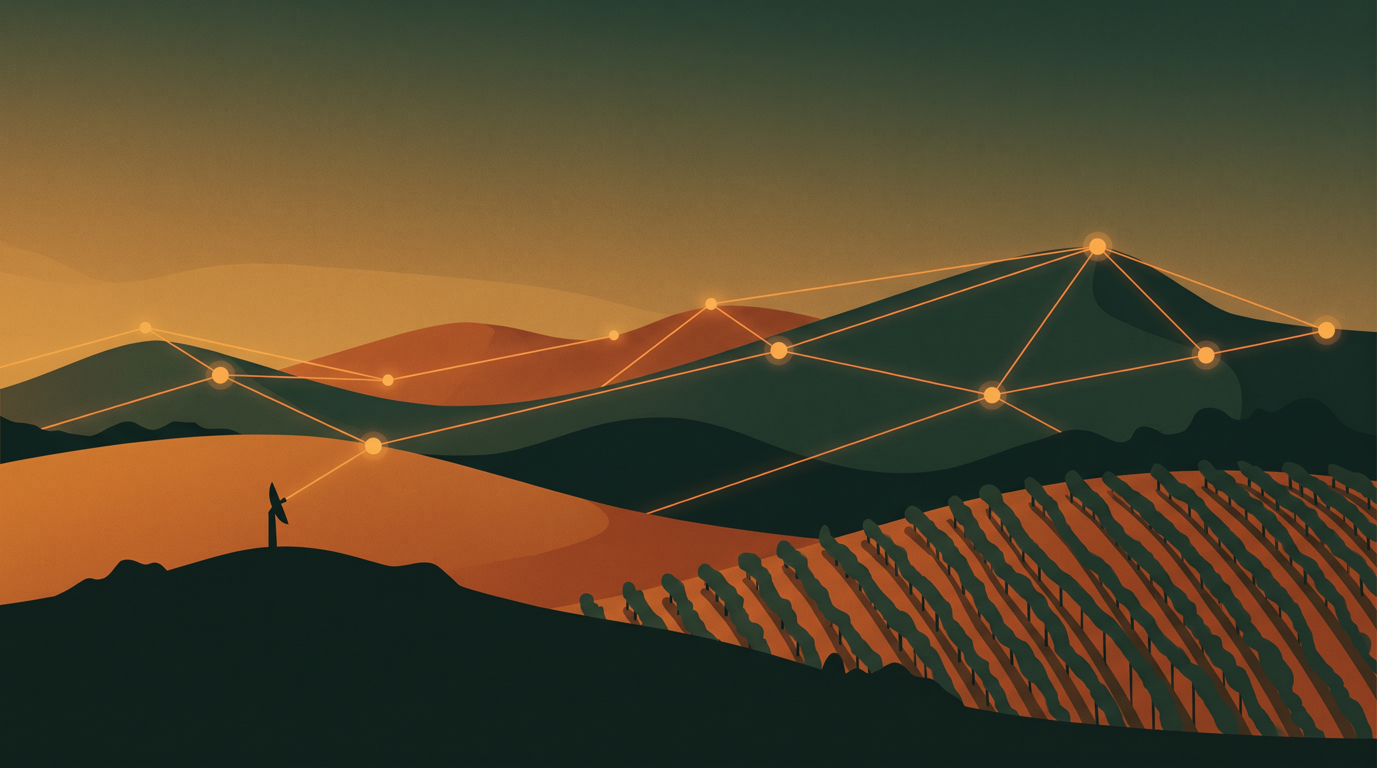 Illustration of Sonoma County hills and vineyards at dusk connected by a glowing mesh radio network