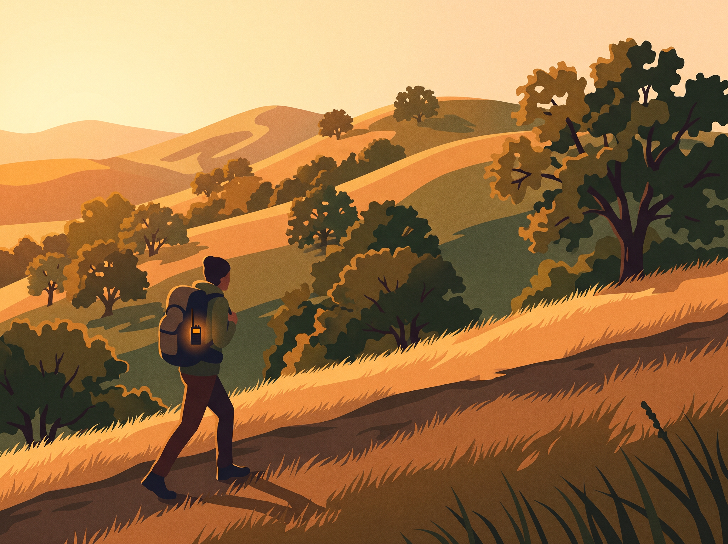 Illustration of a hiker with a mesh radio clipped to their backpack on a Sonoma County ridge trail at golden hour