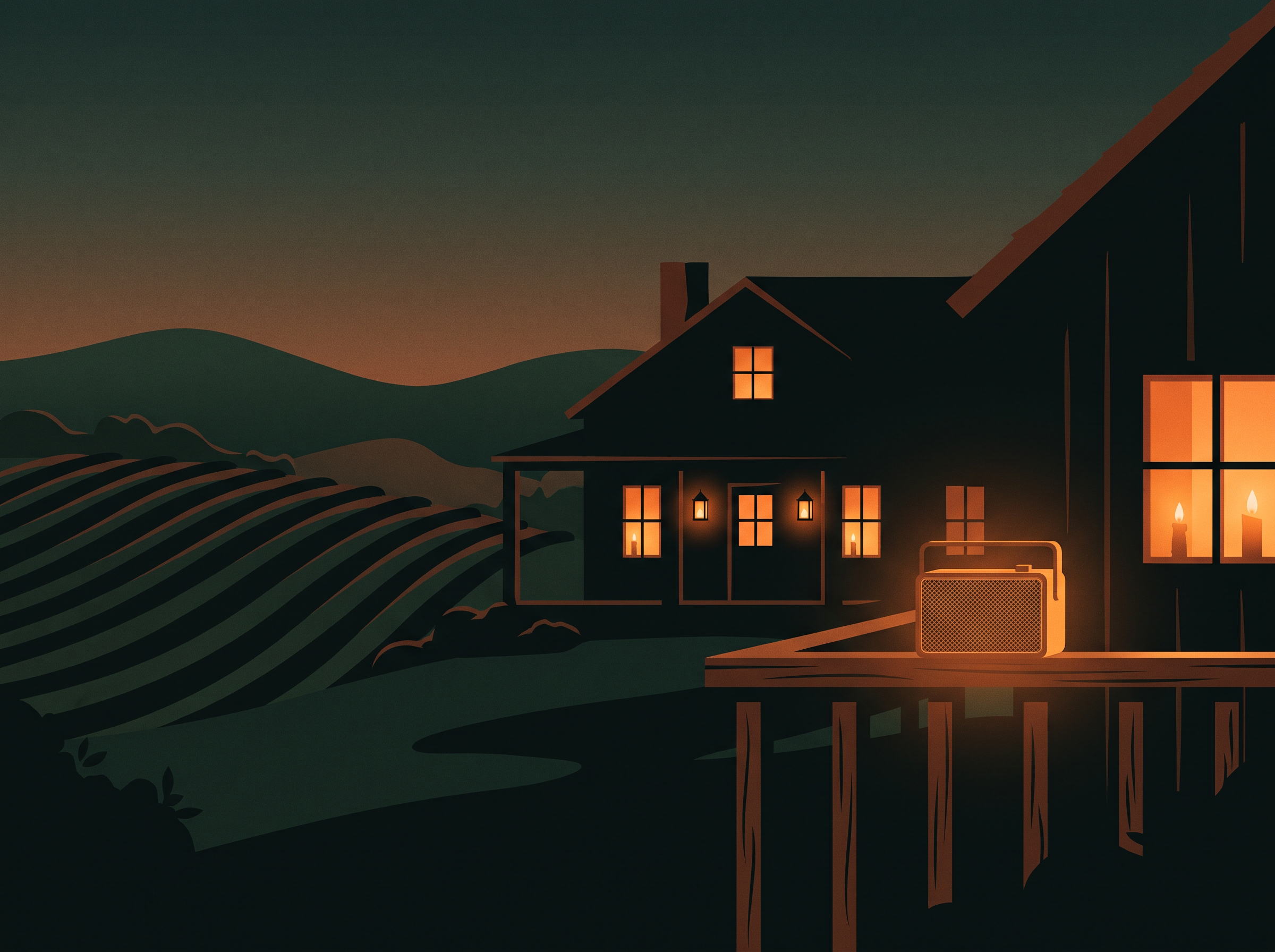 Illustration of a Sonoma County farmhouse at dusk during a power outage with a glowing mesh radio on the porch