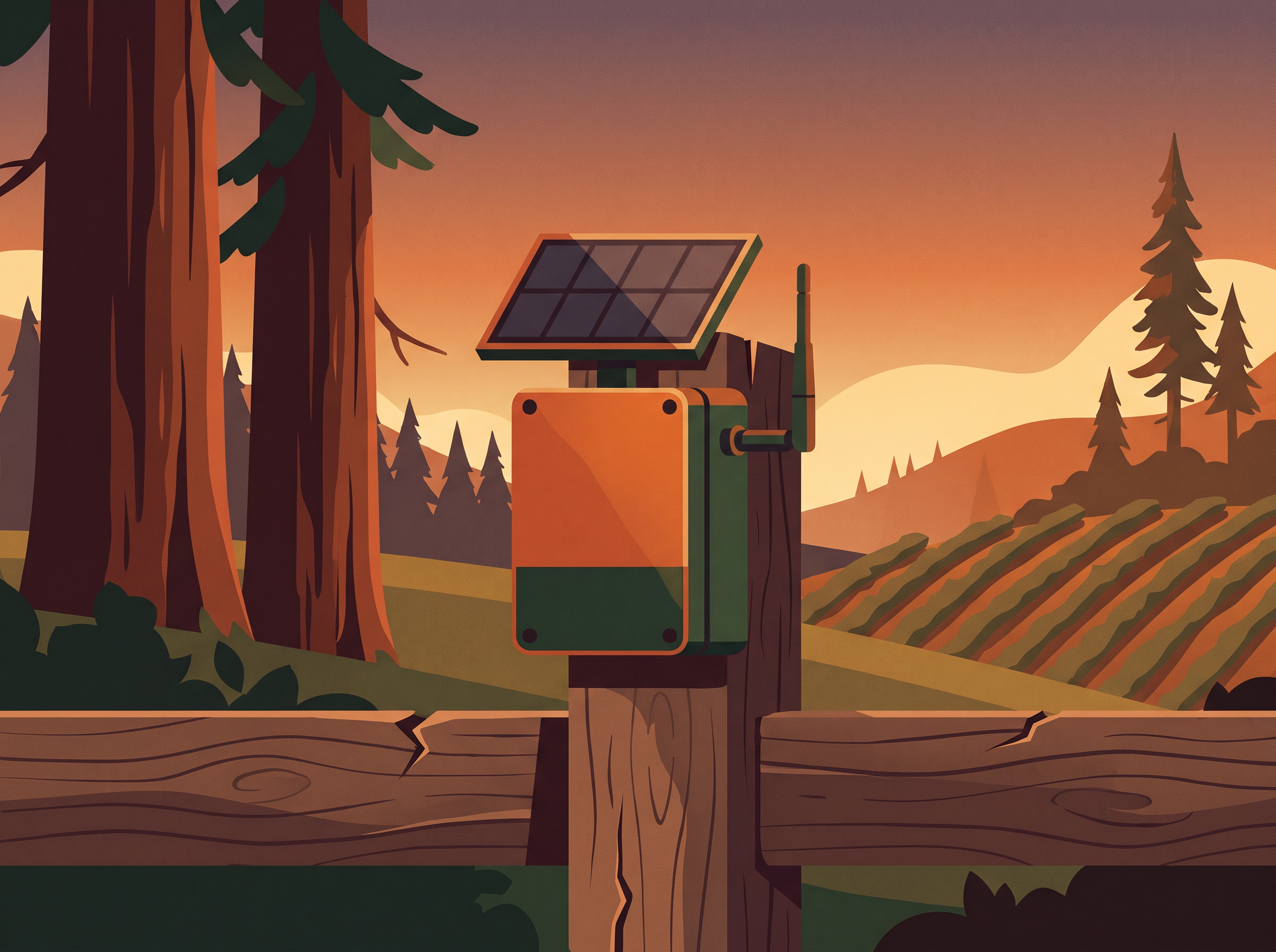 Illustration of a small solar-powered mesh repeater mounted on a fence post overlooking Sonoma County vineyards